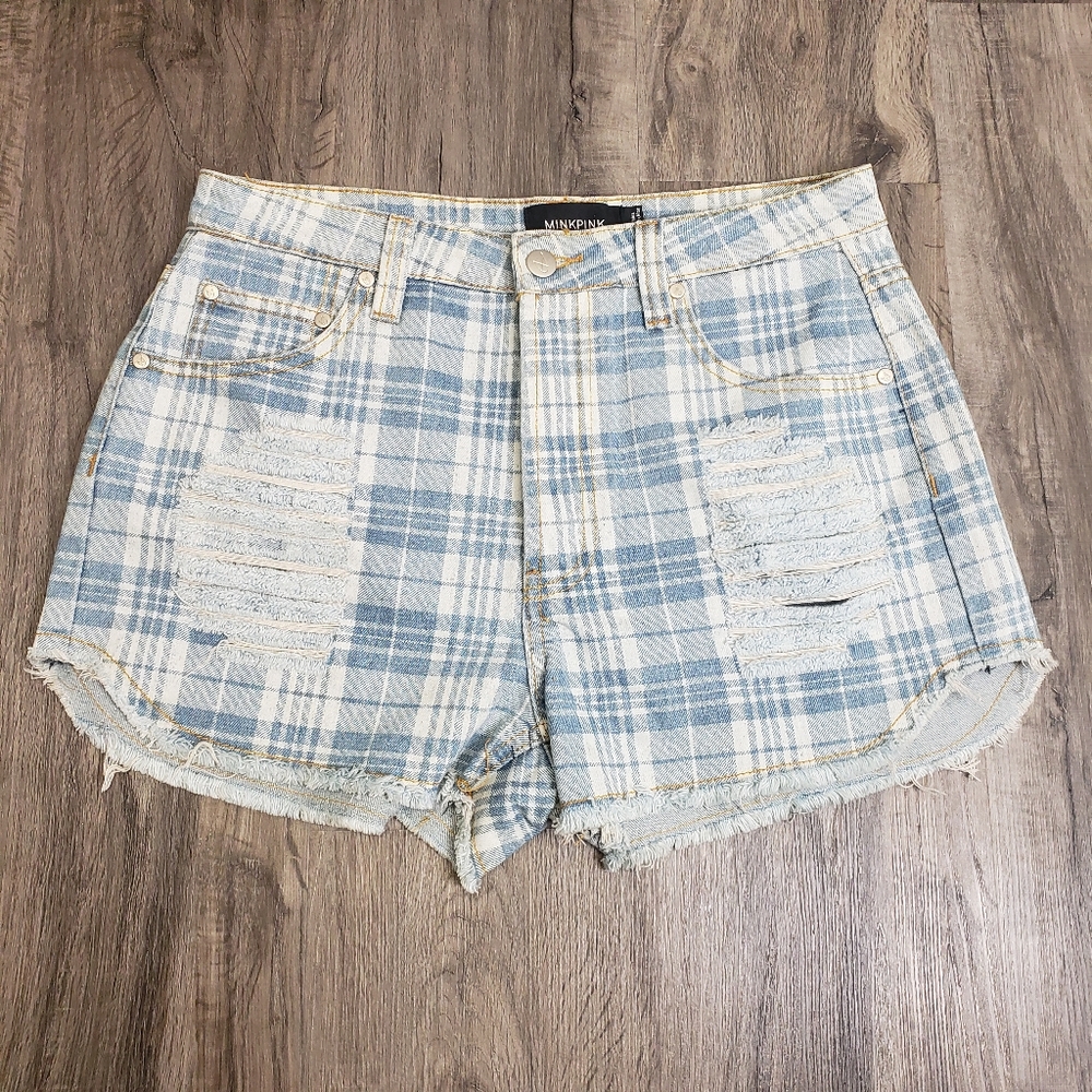 Minkpink Women's S ( 30 ) Plaid Light Cut Off Denim Jean Shorts High Rise